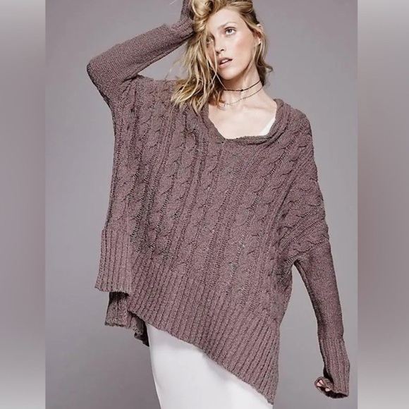 Free People Easy Cable V Neck Oversized Sweater Brown Women’s Small - Picture 1 of 4